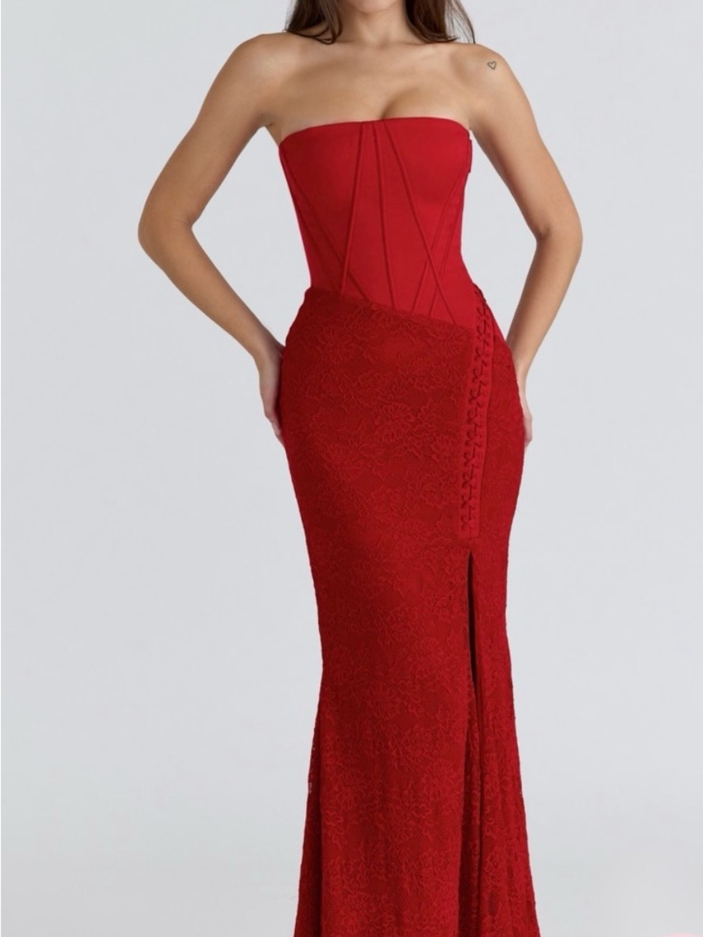 House of CB Valerie Red Satin Lace Corset Maxi Dress Strapless Size Small